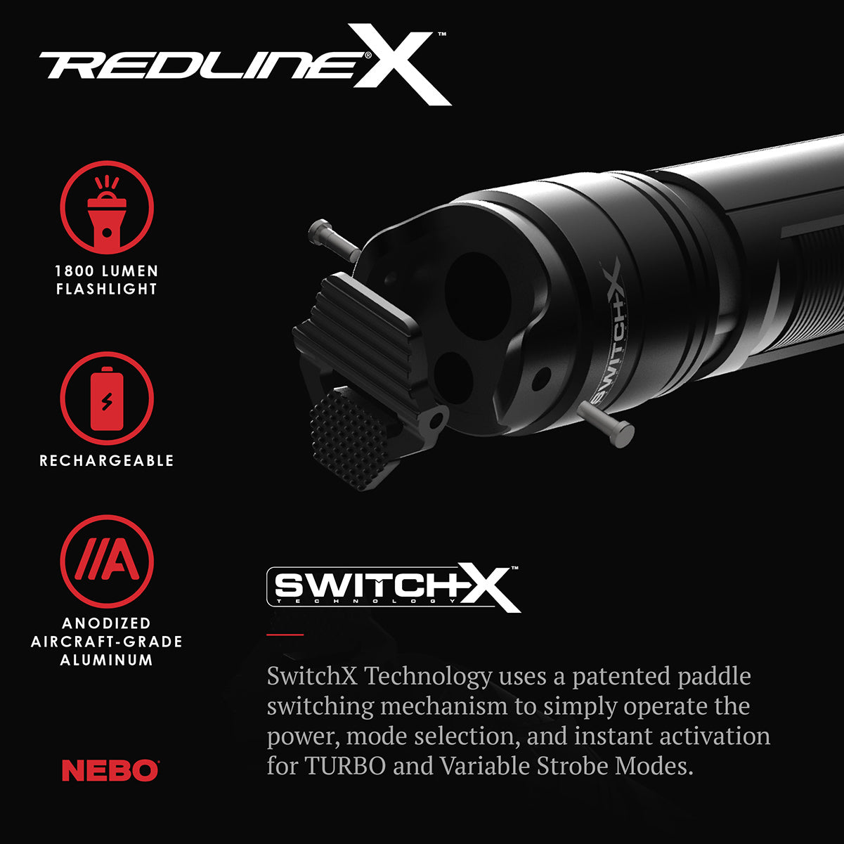 Redline X, 1,800 Lumen Rechargeable Flashlight