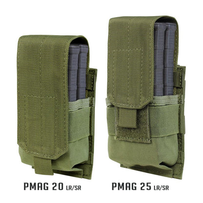 Image of the Single M14 Mag Pouch-Gen II in olive drab, showing different sizing options.