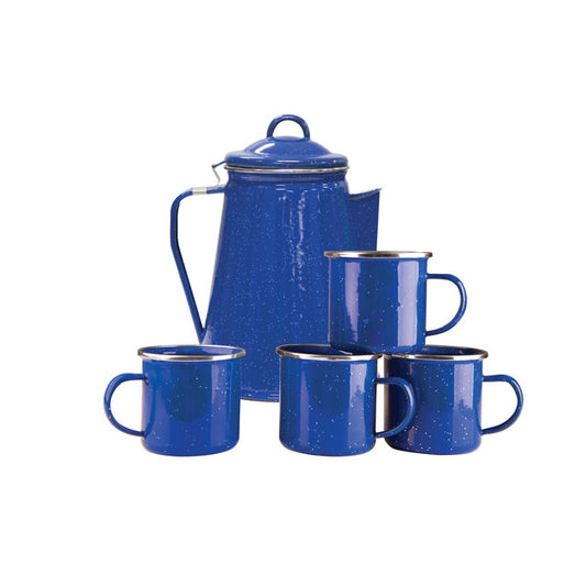 Enamel Percolator Coffee Pot & 4 Mug Set